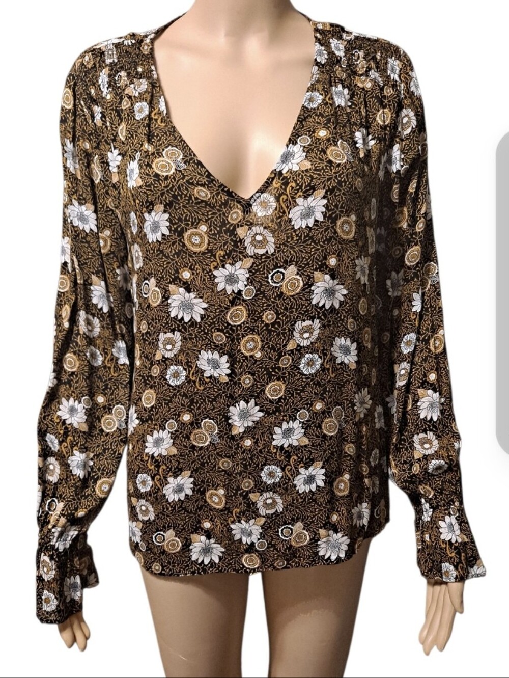 Lucky Brand Brown Floral V-Neck Lightweight Long Sleeve Blouse
